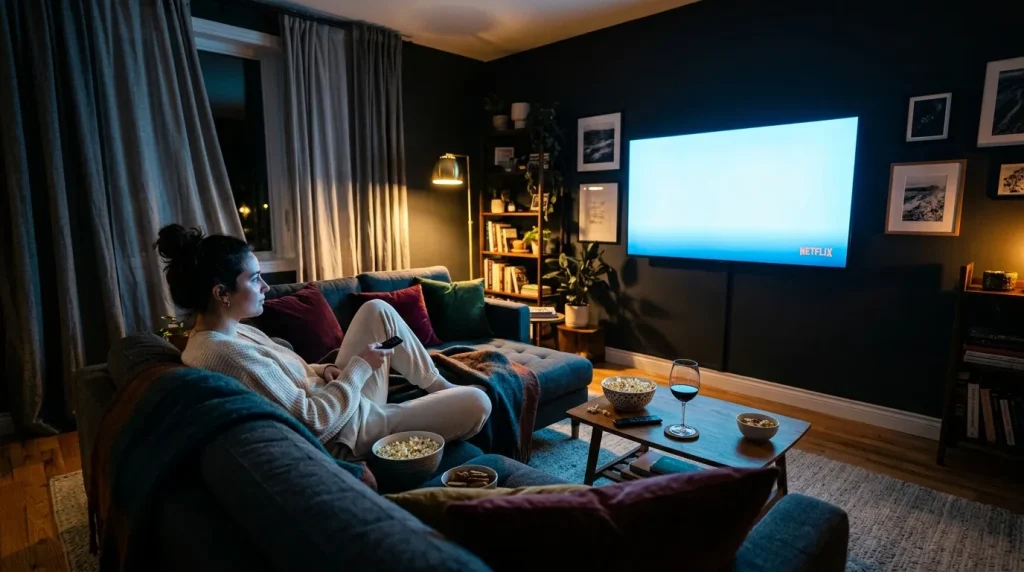 Vrouw kijkt Netflix op grote scherm in moderne huiskamer