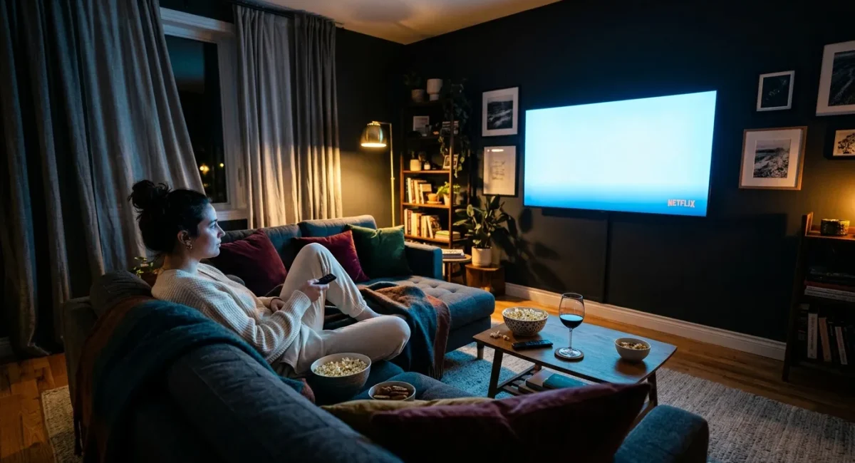 Vrouw kijkt Netflix op grote scherm in moderne huiskamer