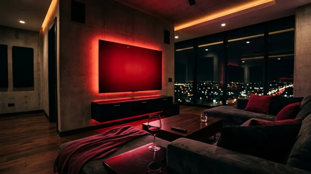 Moderne huisbioscoop met groot scherm en rode LED-verlichting