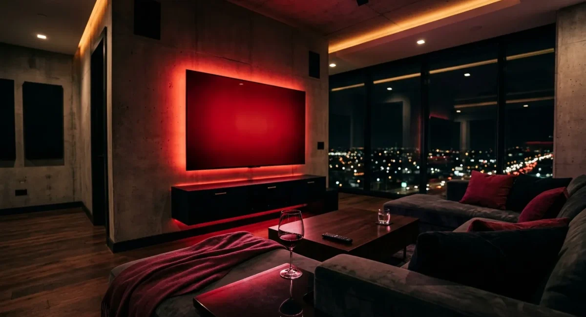 Moderne huisbioscoop met groot scherm en rode LED-verlichting