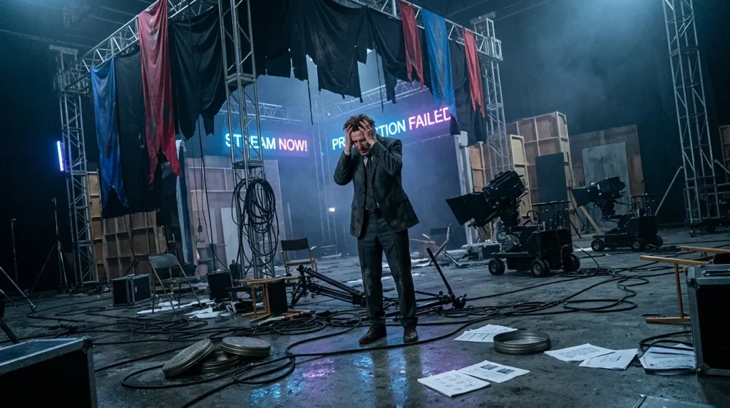 Man in pak op filmset met fejlmelding op scherm