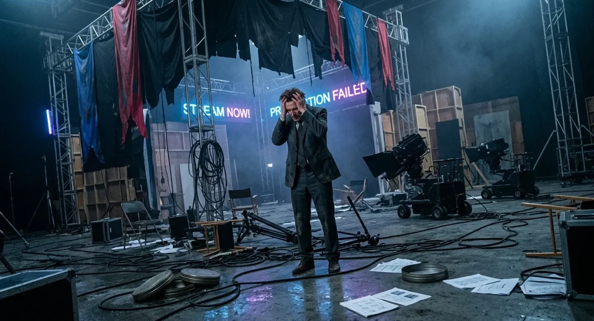 Man in pak op filmset met fejlmelding op scherm