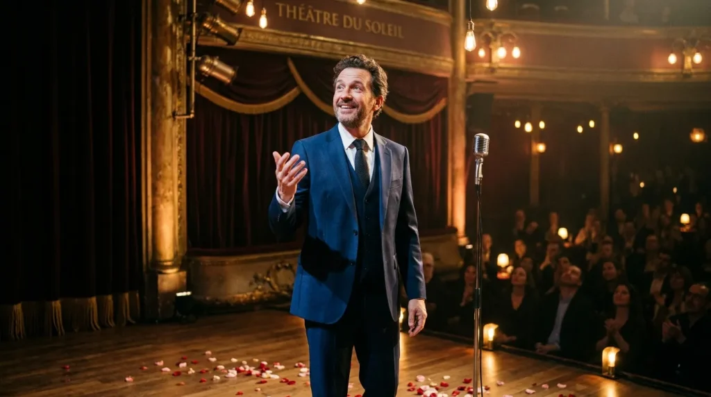 Man in blauw pak spreekt op theaterpodium met publiek