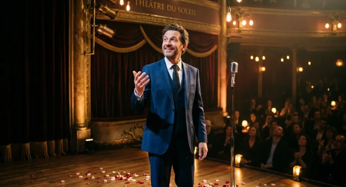 Man in blauw pak spreekt op theaterpodium met publiek