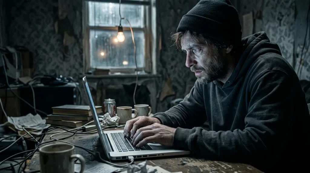 Man met baard werkt aan laptop in donkere kamer