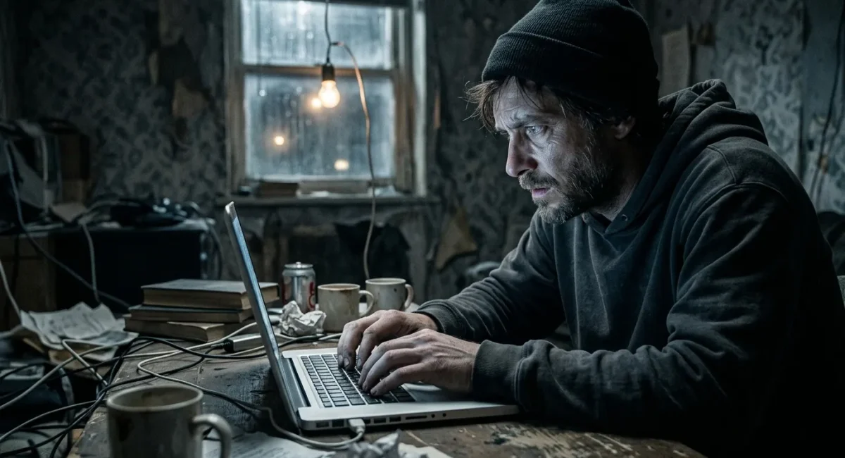 Man met baard werkt aan laptop in donkere kamer