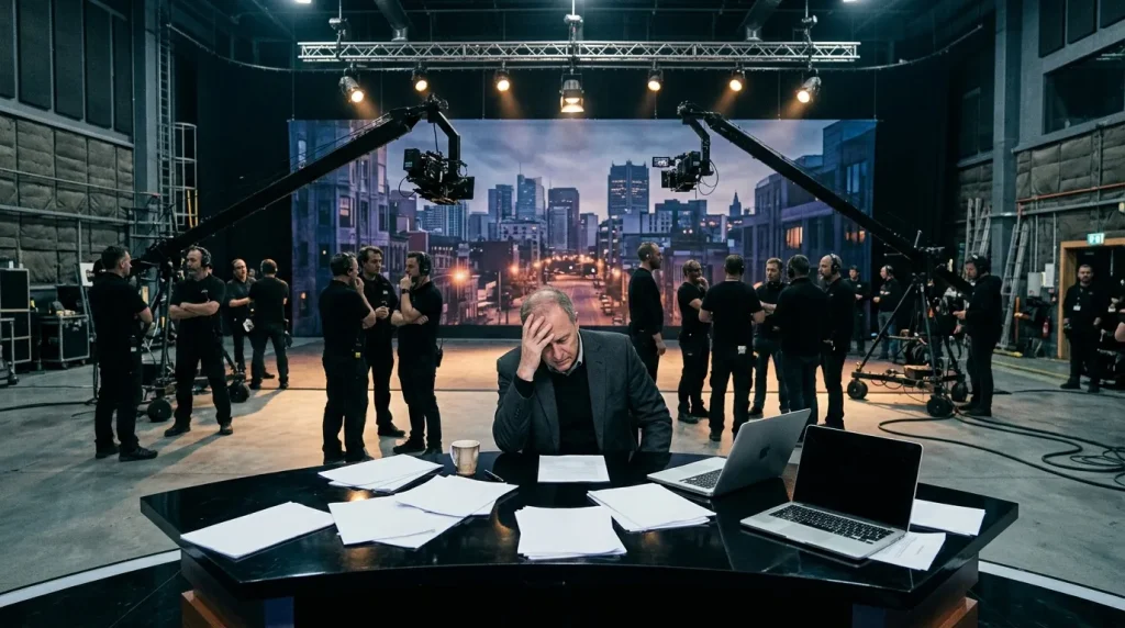 Man aan bureau tijdens TV-opname met filmcrew op achtergrond