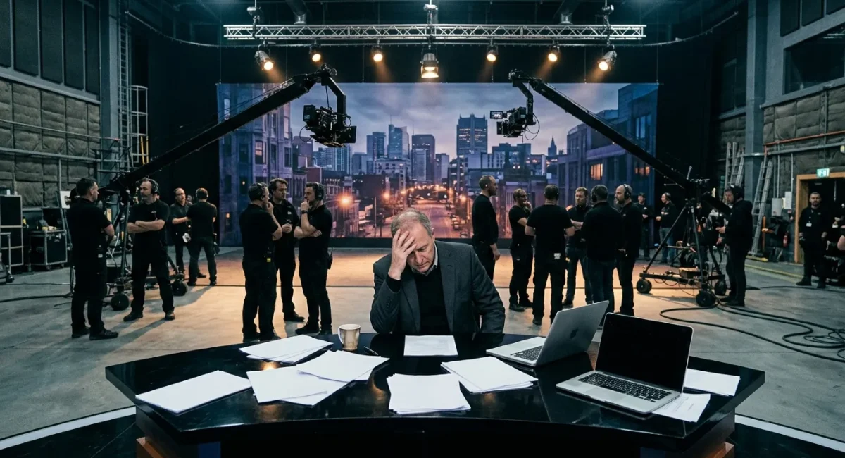Man aan bureau tijdens TV-opname met filmcrew op achtergrond