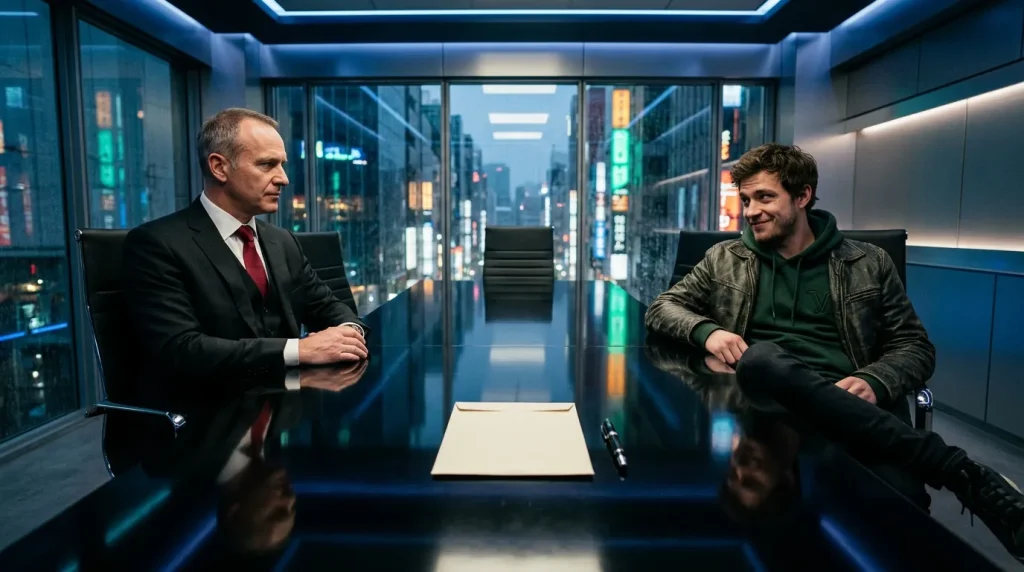 Twee mannen in gesprek aan conferentietafel met stadsuitzicht