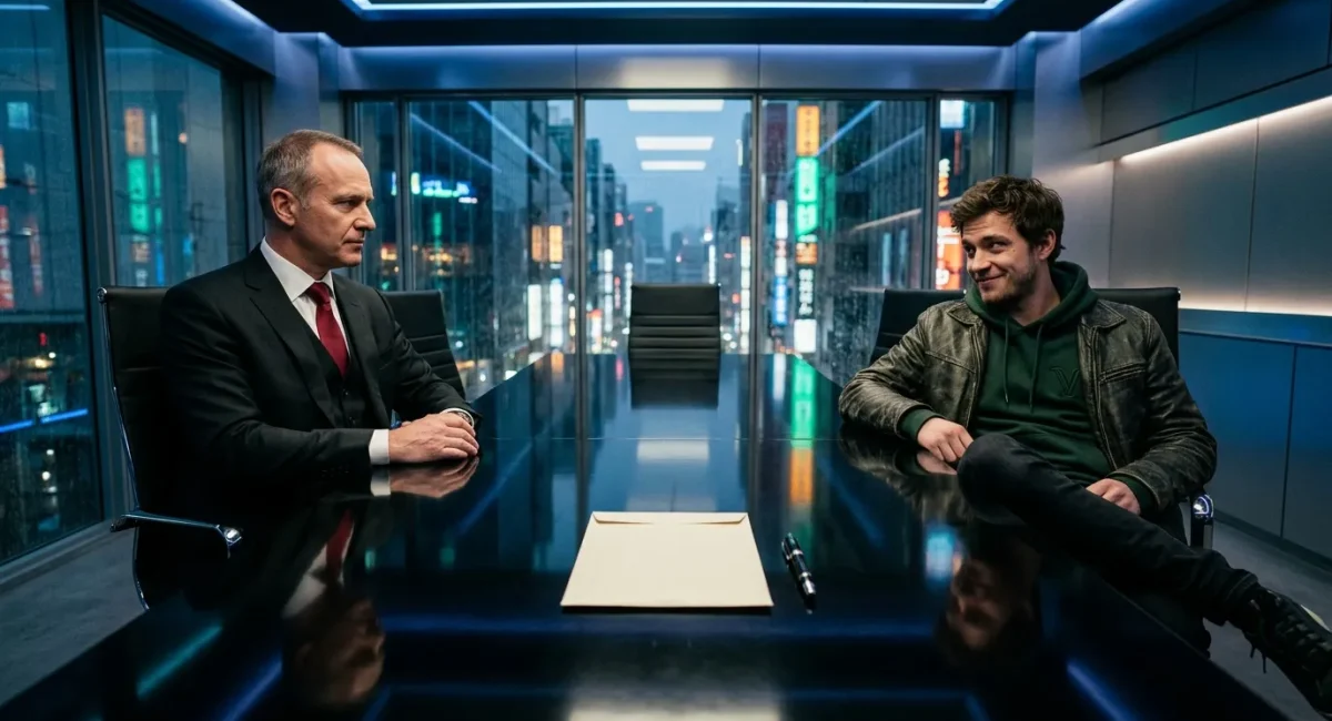 Twee mannen in gesprek aan conferentietafel met stadsuitzicht