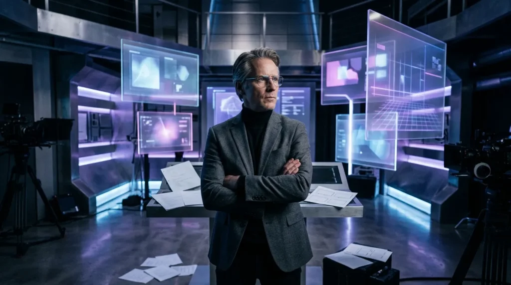 Professionele man omgeven door holografische schermen en technologie