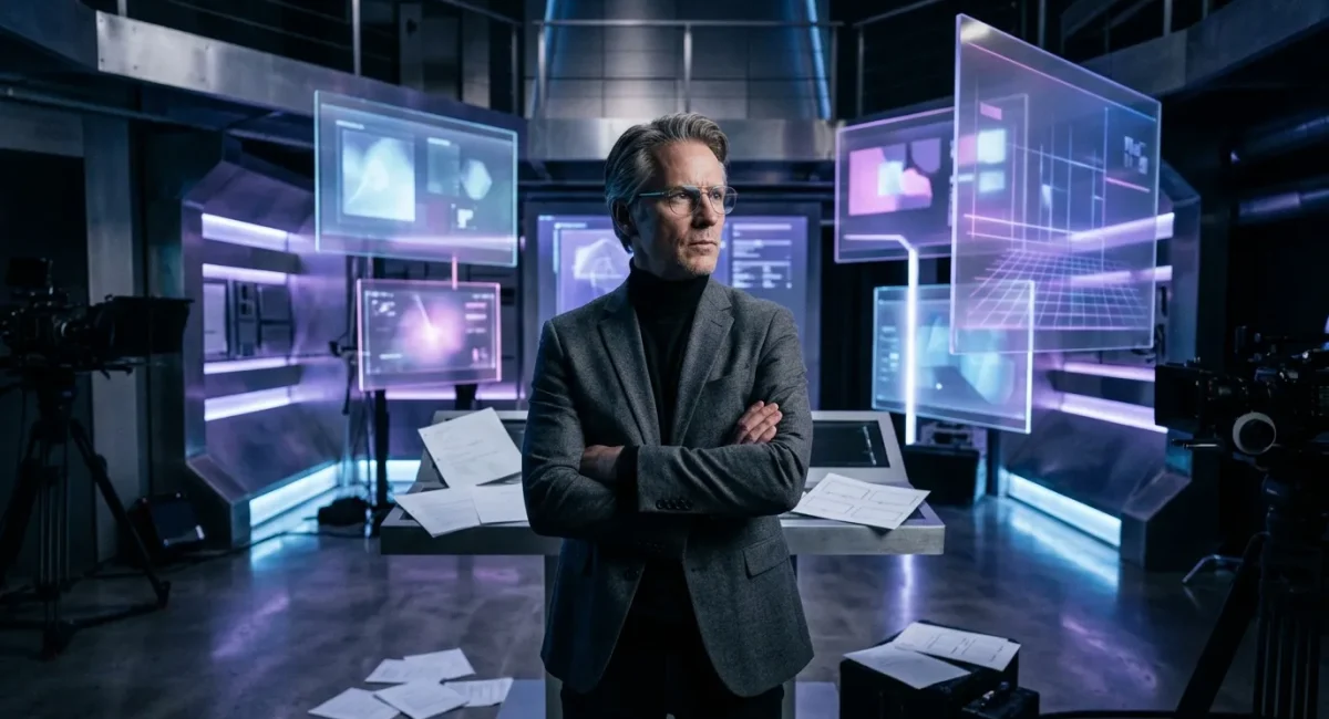 Professionele man omgeven door holografische schermen en technologie